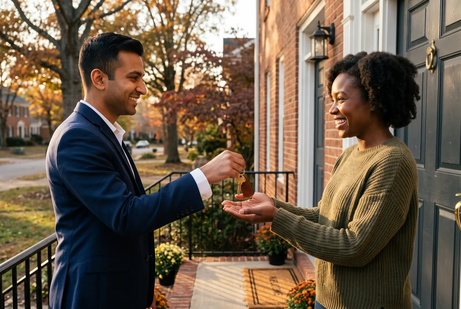 Keys handed over on the front steps of a townhome in autumn